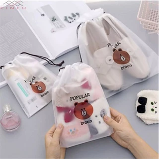 PINFU_SHOP ถุงหูรูดพลาสติก แบบขุ่นลายหมี ถุงจัดระเบียบ ถุงใส่ของ ถุงใส่รองเท้า