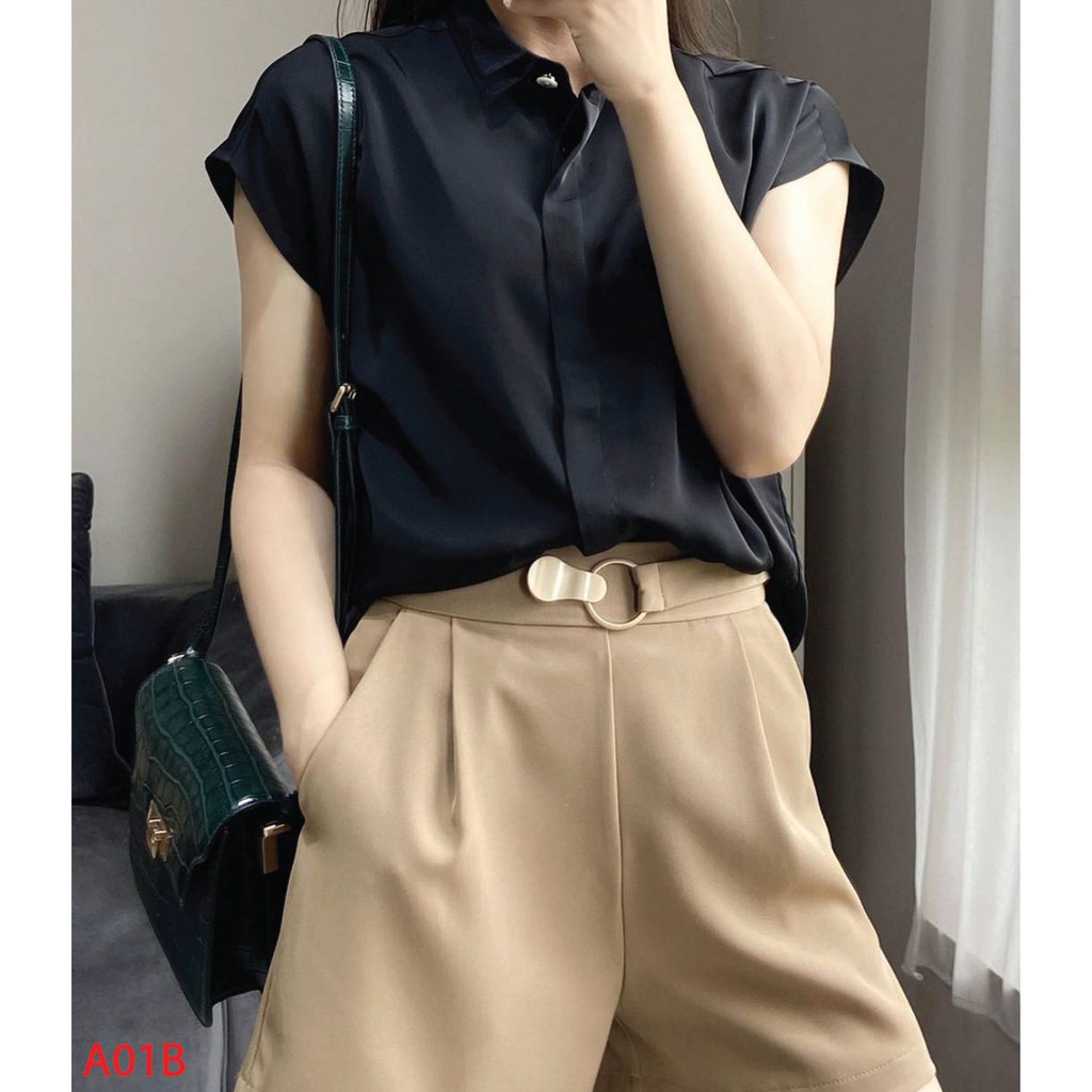 Hisexy เสื้อเชิ้ตผ้าไหมซาตินผู้หญิง Basic Turn-down Collar A01