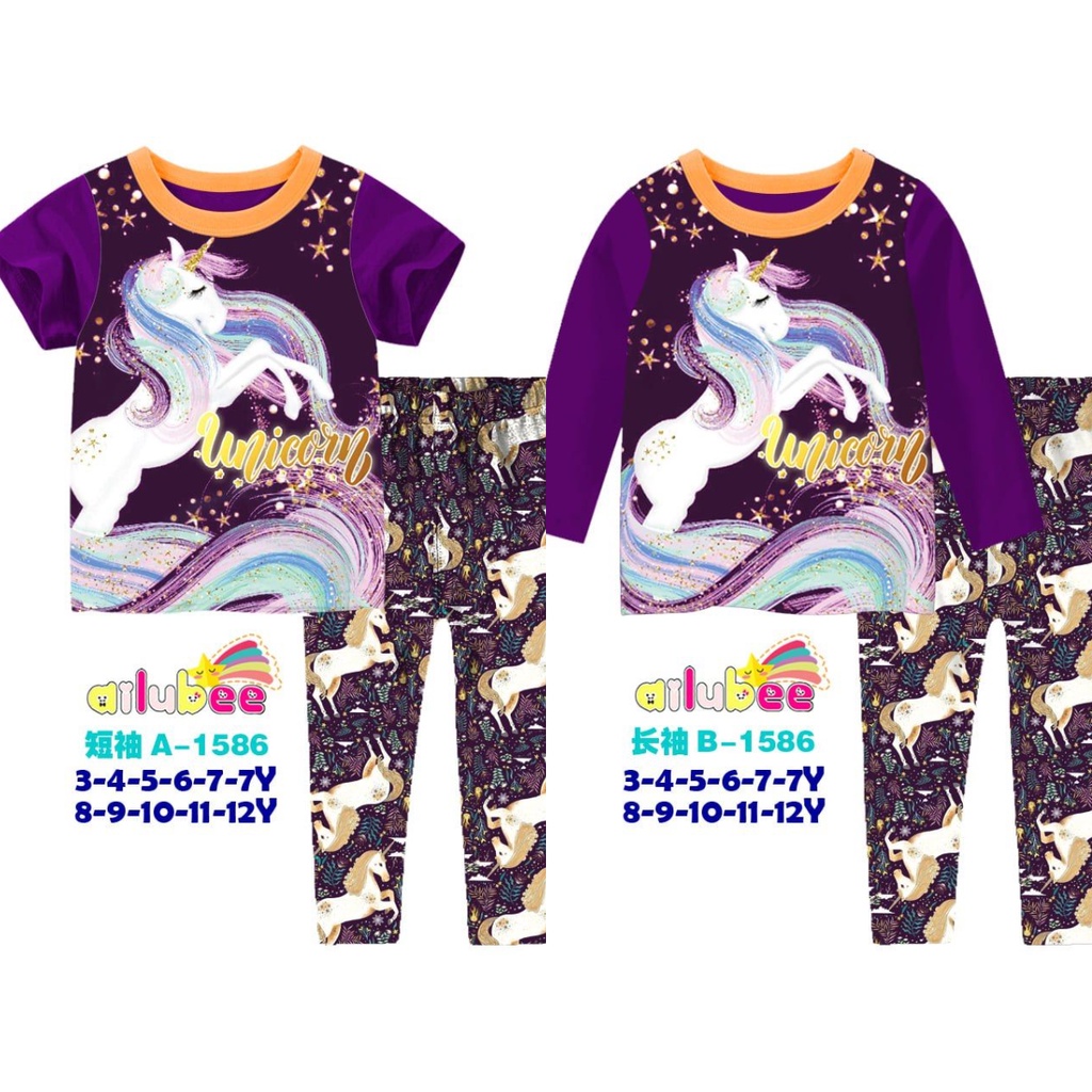 Ailubee UNICORN ผ้าฝ้าย pijamas ชุดนอนสั้นแขนยาวเด็กผู้หญิงเด็ก A1586 baju เด็ก tidur lengan pendek 