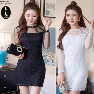 kudapy เดรสสั้นสีดำ/สีขาว ออกงานลูกไม้ทรงเอแขนยาวซีทรู