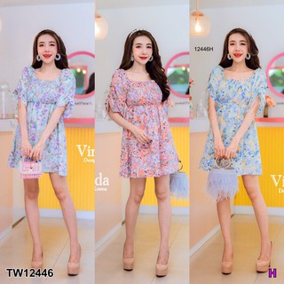 TwinsShopVip💗พร้อมส่ง TW12446 เดรสลายดอก สม้อคอก แขนรูดเชือก