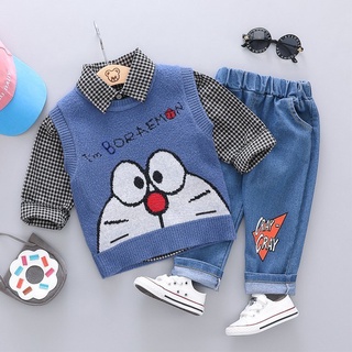 Doraemon cool set เซ็ตเชิ้ต+เสื้อ sweater แขนกุด+กางเกงขายาว