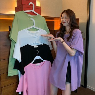 SUNNYเสื้อยืดคอกลมหลวมผู้หญิง oversize เสื้อโอเวอร์ไซส์เกาหลี เดรสเสื้อยืดแขนสั้นสีพื้น เสื้อผ้าวัยรุ่นแฟชั่นเสื้อตัวใหญ