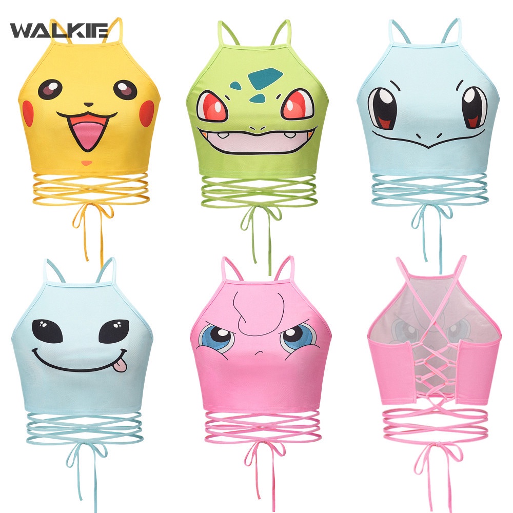 Walkie การ์ตูนโปเกม่อน อะนิเมะ ปิกาจู เสื้อยืด เสื้อท็อปส์ เซ็กซี่ กลวง เปิดหลัง ยกทรง ฤดูร้อน หญิง Kawaii ด้านบน เด็ก เสื้อผ้า ของขวัญ
