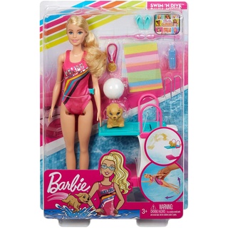 Barbie Dreamhouse Adventures Swim n Dive Doll, 11.5-Inch, in Swimwear, with Swimming Feature, Diving Board and Puppy GHK23 ตุ๊กตาบาร์บี้ ว่ายน้ํา ดําน้ํา 11.5 นิ้ว พร้อมคุณสมบัติว่ายน้ํา และบอร์ดดําน้ํา GHK23