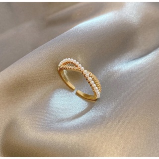 รหัส1719 - Cross Pearl Ring 💍🤍🧬แหวนสีทองแต่งมุกและเพชรไขว้กัน ✨