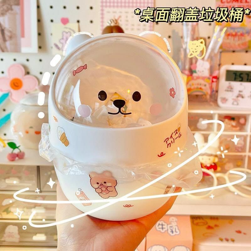 พร้อมส่ง ถังขยะ ฝากลมสวิง ลายหมี ที่ใส่ปากกาตั้งโต๊ะ ตกแต่งห้อง ถังขยะมินิมอล Kawaii กล่องเก็บของน่ารัก