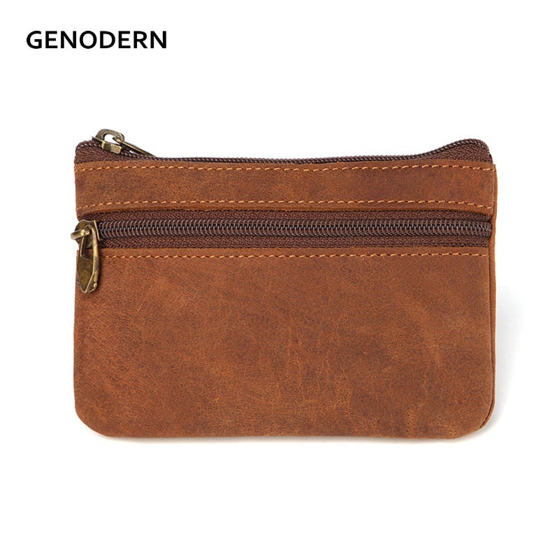 Genodern Vintage Crazy Horse Leather Men Coin Purse Genuine Leather Zipper Coin Wallet Retro Key Holder Small Money Bag