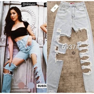 Back up denims BU-6937 กางเกงยีนส์ทรงกระบอกผ้าเกาหลีฟอกสีแต่งขาด