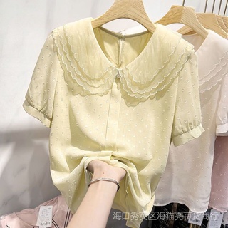 เสื้อเชิ้ตแขนสั้น คอปกตุ๊กตา ผ้าชีฟอง ระดับไฮเอนด์ แฟชั่นสําหรับผู้หญิง