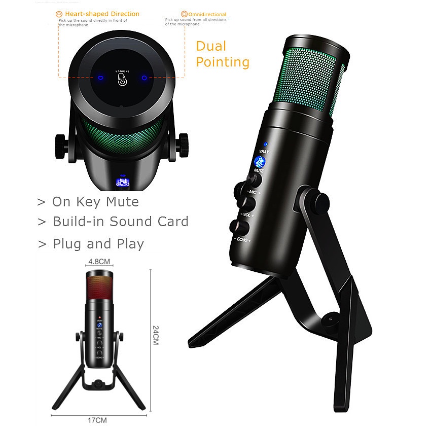 RGB USB คอนเดนเซอร์ไมโครโฟน Professional Vocals Streams Mic Recording Studio Micro สําหรับ PC YouTub