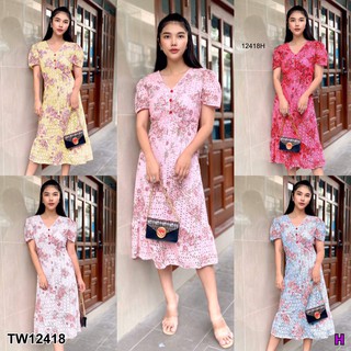 AK 12418 แม็กซี่เดรสคอวี พิมพ์ลายดอก