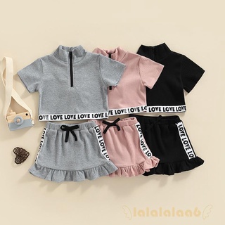 LAA6-Girl´s Two-Piece Suit, Letter Pattern Short Sleeve Front Zipper Tops + Ruffle Hem Mini Skirt