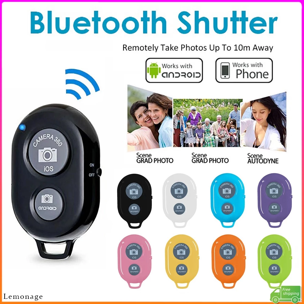 คลังสินค้าพร้อม Bluetooth Shutter Release Remote สําหรับโทรศัพท์/แล็ปท็อป/แท็บเล็ต/PC Mini Wireless Camera Shutter พร้อมแบตเตอรี่ฟรี