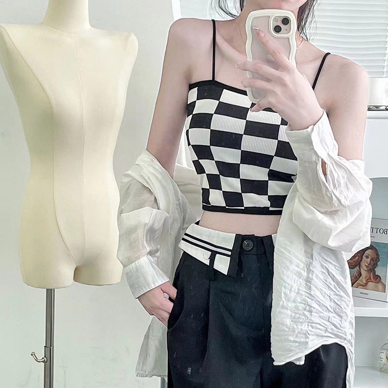 ⭐สินค้ามาใหม่⭐ เสื้อครอปสายเดี่ยวลายสก็อต เสื้อผ้าแฟชั่นไหมพรมสไตล์เกาหลี เนื้อผ้าคุณภาพดีมาก - รูปที่ 5