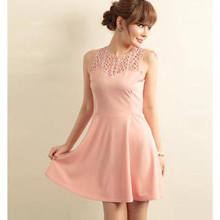 ชุดเดรสแฟชั่นวินเทจ ซีทรูลายฉลุ สีชมพูพาสเทล e941 dress pink pastel ผ้าเนื้อดี vintage