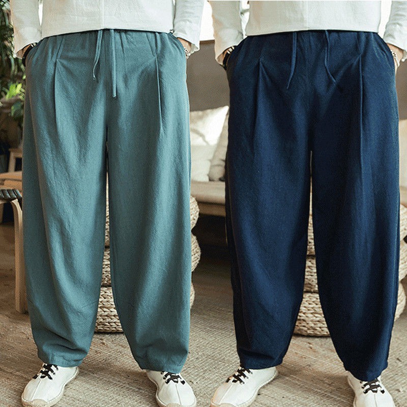 ฤดูร้อนผ้าฝ้ายผ้าลินินกางเกงผู้ชายสไตล์หลวมขนาดใหญ่ไขมันขากว้าง big crotch โคมไฟ Over casual กางเกงข