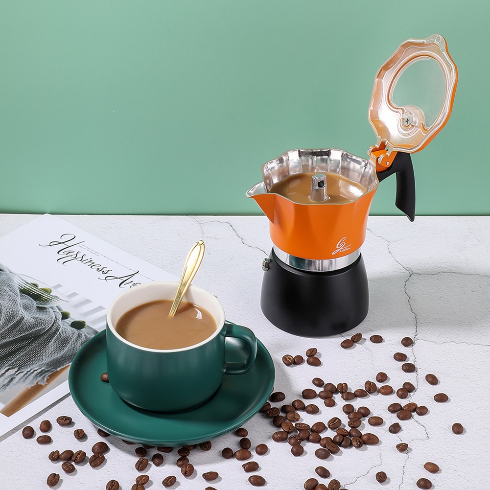 3/6Cup Moka Pot กาต้มกาแฟสดพกพา หม้อต้มกาแฟ ทรงแปดเหลี่ยม (ด้ามจับเป็นพลาสติกลายไม้)  150/300ML