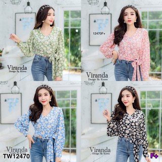 J12470 Shirt เสื้อเชิ้ต ลายดอกเดซี่ คอปกแต่งลูกไม้