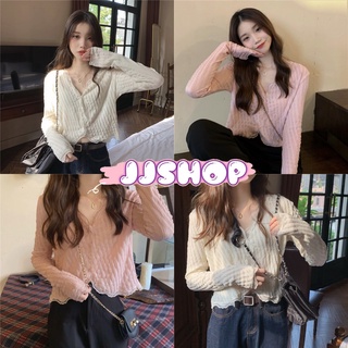 JJ Shop​💜​พร้อมส่ง  เสื้อไหมพรมแขนยาวคอวี ผ้าลายเล็กๆซีทรูเบาๆ สีน่ารักมาก "8K43"