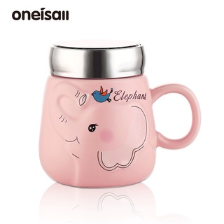 Oneisall แก้วกาแฟเซรามิค ลายการ์ตูนน่ารัก พร้อมฝาปิด 460 มล. สําหรับสํานักงาน