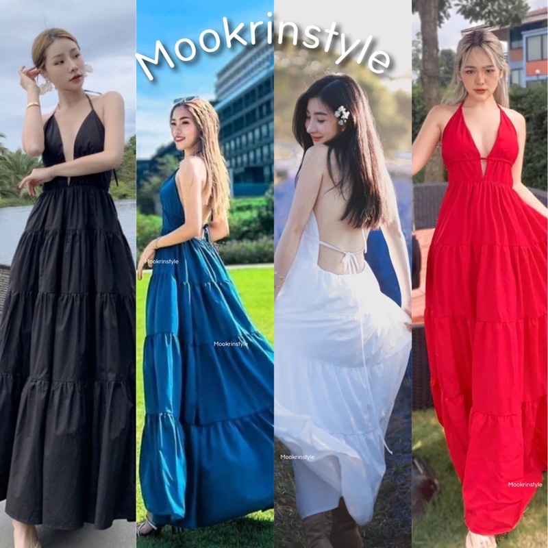 MOOKRINSTYLE พร้อมส่ง เดรสยาว สายผูกคอ โชว์หลังเริสๆ งานสวย กระโปรงพริ้ว ใส่ไปทะเล เดินชายหาด