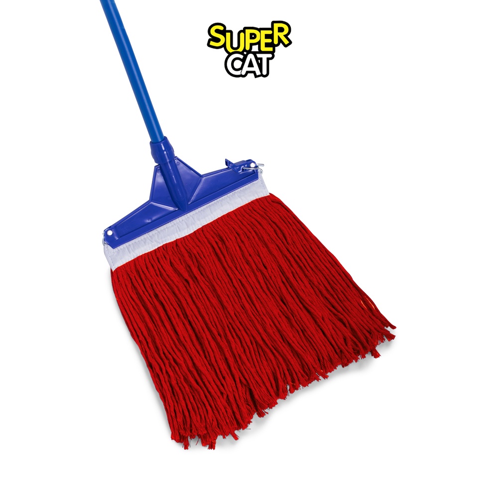 [2638] ไม้ม็อบหัวคลิปล็อค 12" 320g ด้ามเหล็กกันสนิม 3 ท่อน SUPERCAT ผ้า Cotton ซับน้ำดี เปลี่ยนผ้าได้ (สีแดง)