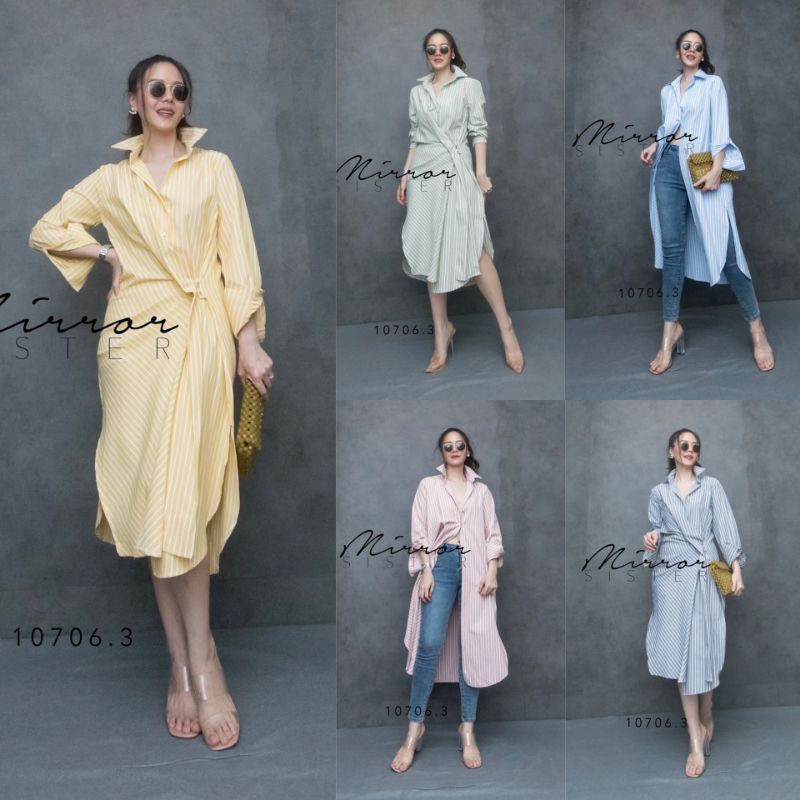 Mirrorsister #10706.3 เดรสเชิ้ตลายริ้วทางลง ชุดเดรส ชุดใส่สบาย ชุดไปเที่ยว เดรสลาย ชุดทำงาน