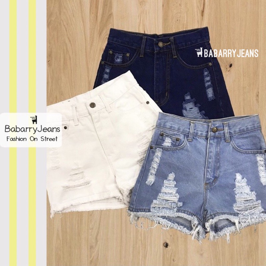 BabarryJeans ยีนส์ขาสั้น เอวสูง แต่งขาดเซ่อร์ ผ้ายีนส์ไม่ยืด สียีนส์เข้ม / สียีนส์อ่อน/ สีขาว