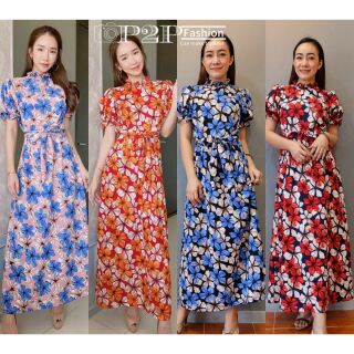 Maxi dress 👗 
เดรสแขนตุ๊กตา คอปีน สม๊อกรอบคอ
ลายดอกสีสด  มาพร้อมเชือกผูกเอว