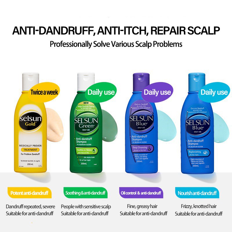 SELSUN Gold 2.5% selenium sulfide non-silicone oil, powerful anti-dandruff and oil control Green, Blue anti-itch shampoo men and women shampoo 200ML