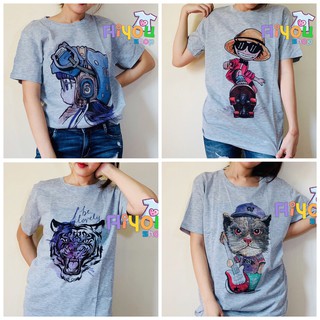 AIYOU เสื้อยืด คอกลม สีเทาท็อปดราย ลายน่ารัก สวยๆ ใส่สบาย