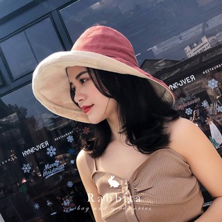 RB13 หมวกผ้าลินิน ปีกกว้าง Rabbita สองด้านสีขาวส้ม พับได้