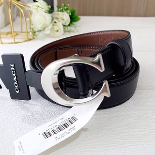 🌈 พร้อมส่ง เข็มขัด NEW COACH F83960 SIGNATURE BUCKLE BELT เข็มขัดหญิง สายหนังสีดำ หัวโลโก้เงิน