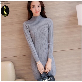 เสื้อไหมพรม สีเทา คอตั้ง แขนยาว คลุมสะโพกเข้ารูป