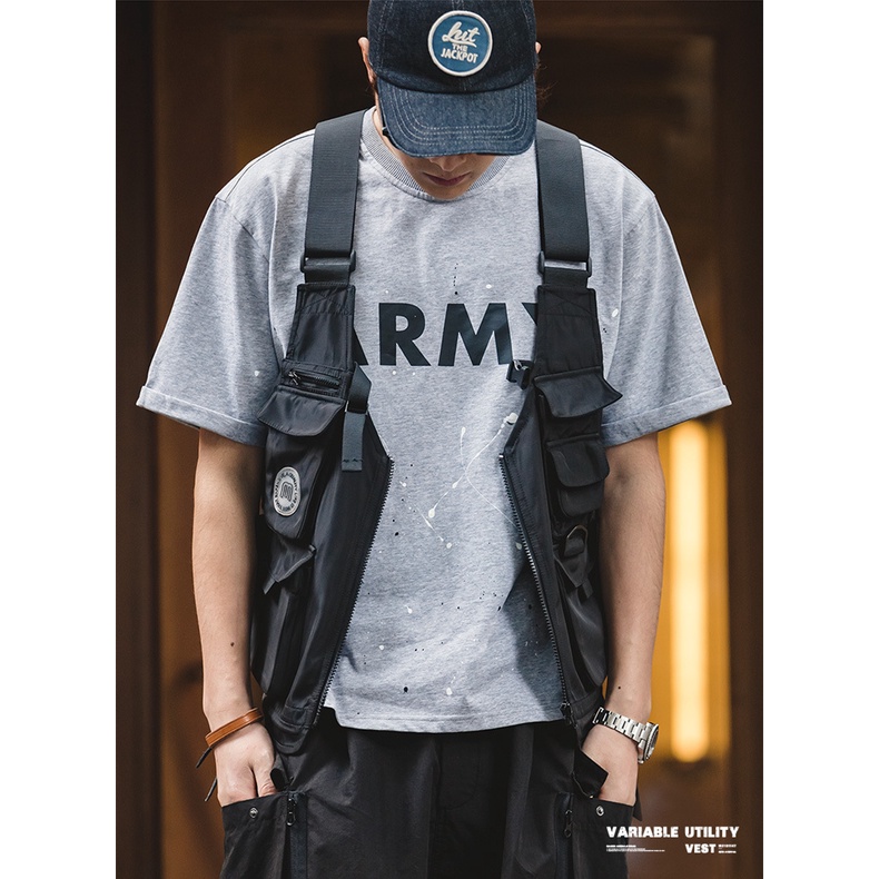 Retro Young Men เครื่องมือกลางแจ้ง Tough Guy ญี่ปุ่น Multi-Functional ยุทธวิธีเกราะเสื้อกั๊กแขนกุดผู้ชาย Dual-U — صورة 2