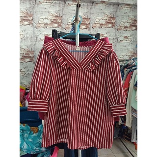 New!! เสื้อเชิ้ต เสื้อทำงาน เสื้อตัวบน สีแดงเลือดนก แขนสี่ส่วน ไซส์ใหญ่