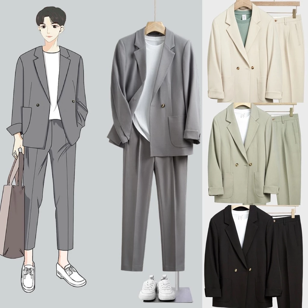 SEOULSHIRTS PREMIUM ชุดเซ็ท เสื้อสูท Blazer + กางเกงขายาว รุ่นสีพื้นกระดุมคู่ สไตล์เกาหลี ผ้าหนา ทรงสวย SET05