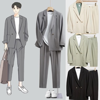 SEOULSHIRTS PREMIUM  ชุดเซ็ท เสื้อสูท Blazer + กางเกงขายาว รุ่นสีพื้นกระดุมคู่ สไตล์เกาหลี ผ้าหนา ทรงสวย SET05