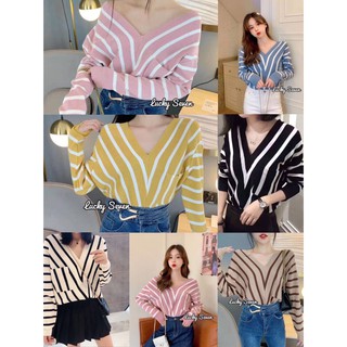 พร้อมส่ง🌸เสื้อผ้าไหมพรมคอวี ลายริ้วแขนยาว ผ้าดีนุ่ม อก34-44 ยาว23