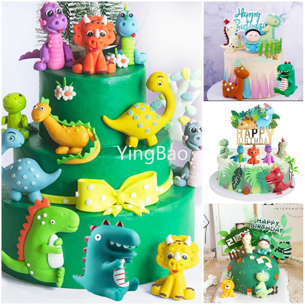 ตุ๊กตาไดโนเสาร์ ธีมไดโนเสาร์ แต่งเค้ก ป้ายHappy birthday แต่งเค้ก ไดโนเสาร์ ใบไม้