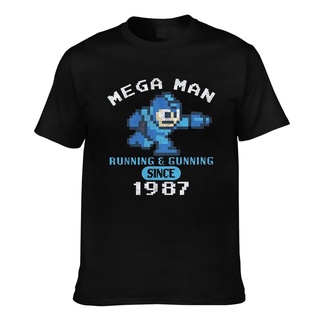 ผ้าฝ้ายคอกลมเสื้อยืด ผ้าฝ้าย พิมพ์ลาย Mega Man Video Game Running &amp; Gunning Since 1987 สําหรับผู้ชายfrom S-4XL