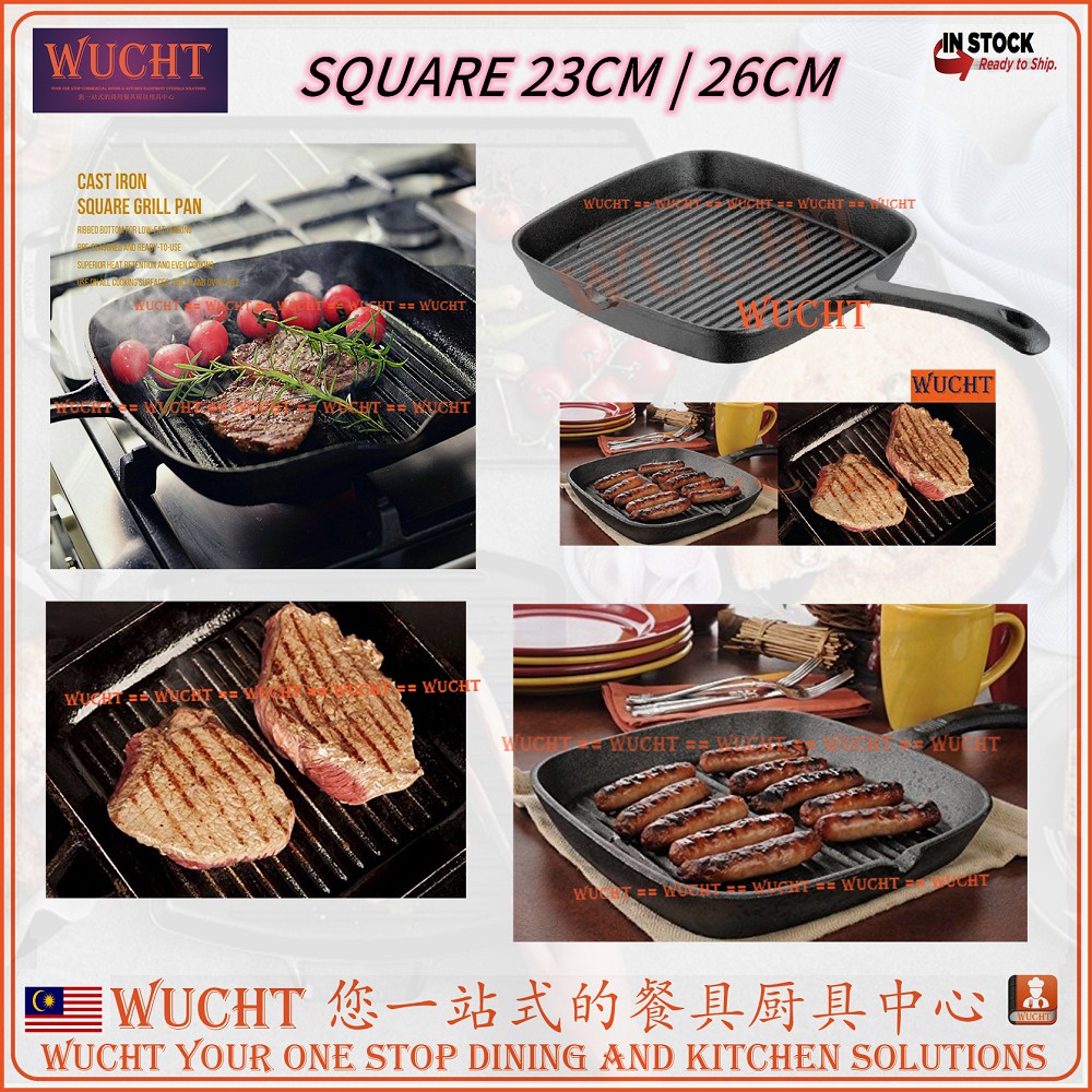 WUSHT PRE-SEASONED CAST IRON GRILL PAN FRYING PAN STEAK GRILL PAN Sizzling SQUARE SKILLET 23 / 24 / 