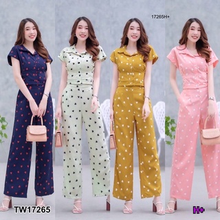 PP17265 set 2 ชิ้น เสื้อครอปกระดุมหน้าลายหัวใจ + กางเกงขายาวลายหัวใจ