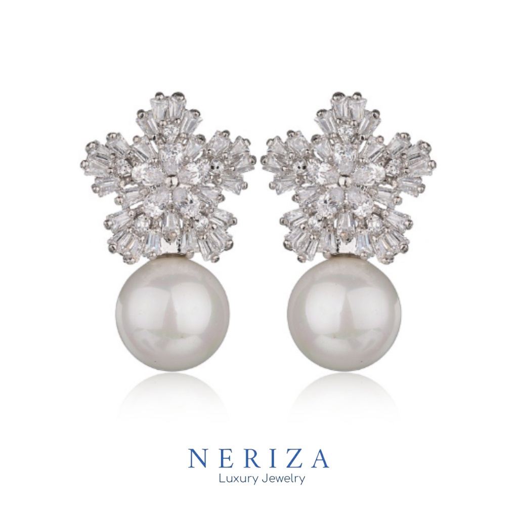 Neriza Jewelry/ ต่างหูออกงานเพชรสังเคราะห์ประดับมุก ประกายเทียบเท่าเพชรแท้ NE112