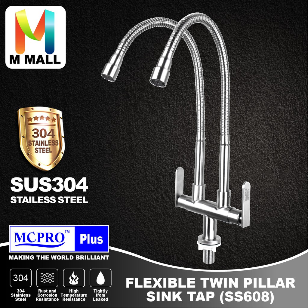 MCPRO ก๊อกน้ําห้องครัวสแตนเลส SUS 304 FLEXIBLE TWIN PILAR SINK TAP (SS608)