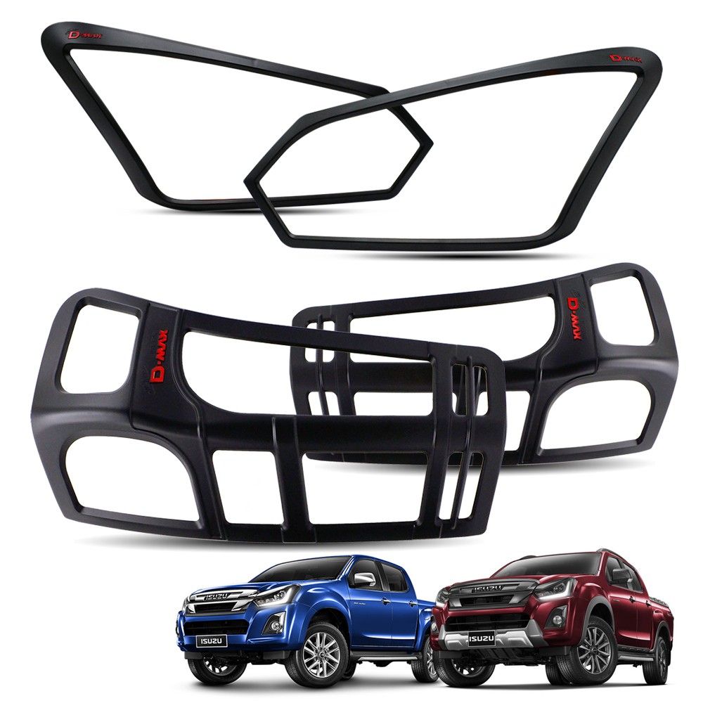 ครอบไฟหน้า+ครอบไฟท้าย โลโก้แดง รุ่น 2/4 ประตู สีดำด้าน สำหรับ Isuzu D-Max 1.9 Blue Power 4x2 4x4 Fac