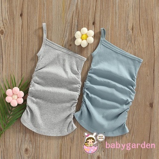 BABYGARDEN-1-6years Baby Girls Casual Dress Solid Color Ribbed Sleeveless Sling One Shoulder Summer Beach Dress