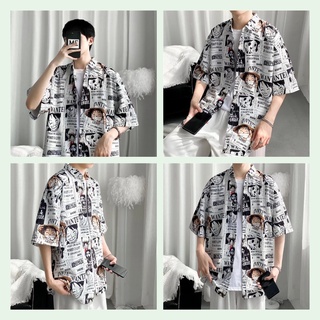เสื้อเชิ้ตฮาวาย เสื้อโอเวอร์ไซส์เกาหลี เสื้อวันพีช เสื้อเชิ้ต แขนสั้น พิมพ์ลาย ทรงหลวม พิมพ์ลายการ์ตูนลูฟี่