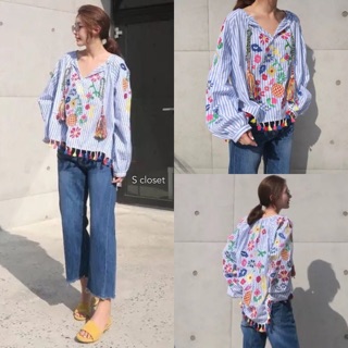 พร้อมส่ง  เสื้อปักงานสไตล์โบฮีเมียน แต่งพู่ด้านหน้า ปักทั้งด้านหน้า-หลัง